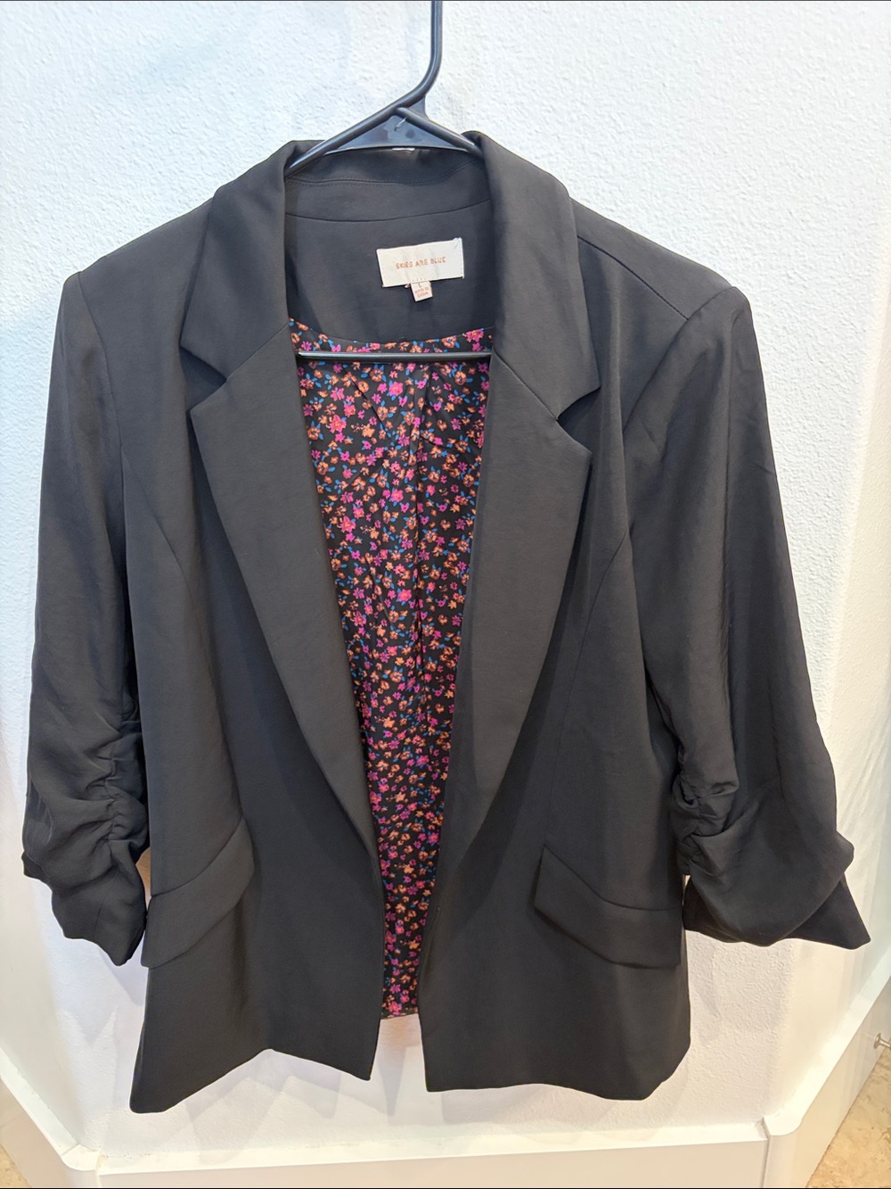Skies Are Blue Black Blazer with Pink & Purple Floral Lining